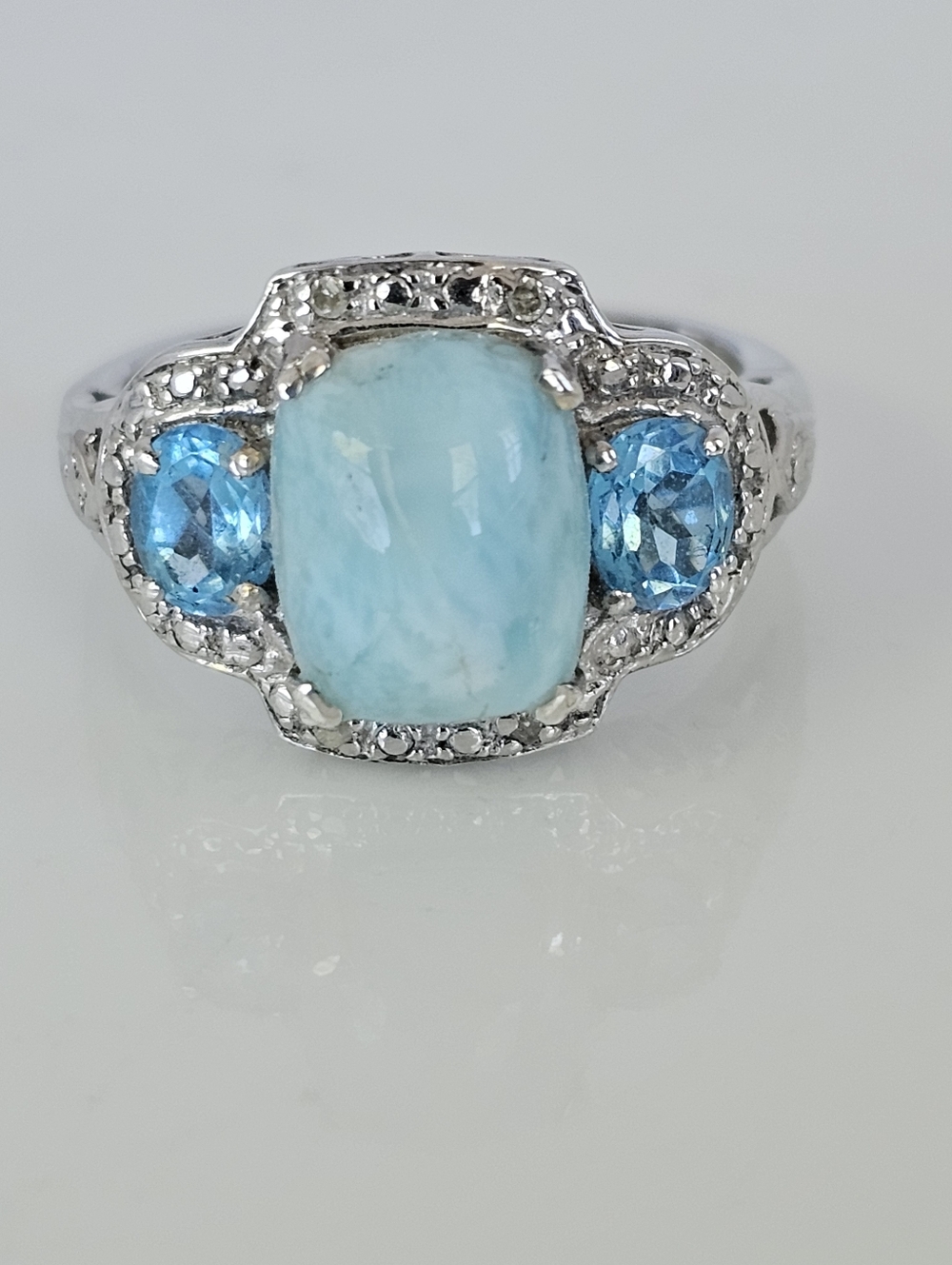Genuine Larimar & Swiss Blue Topaz Ring Sterling Silver Platinum Finish Size 7!